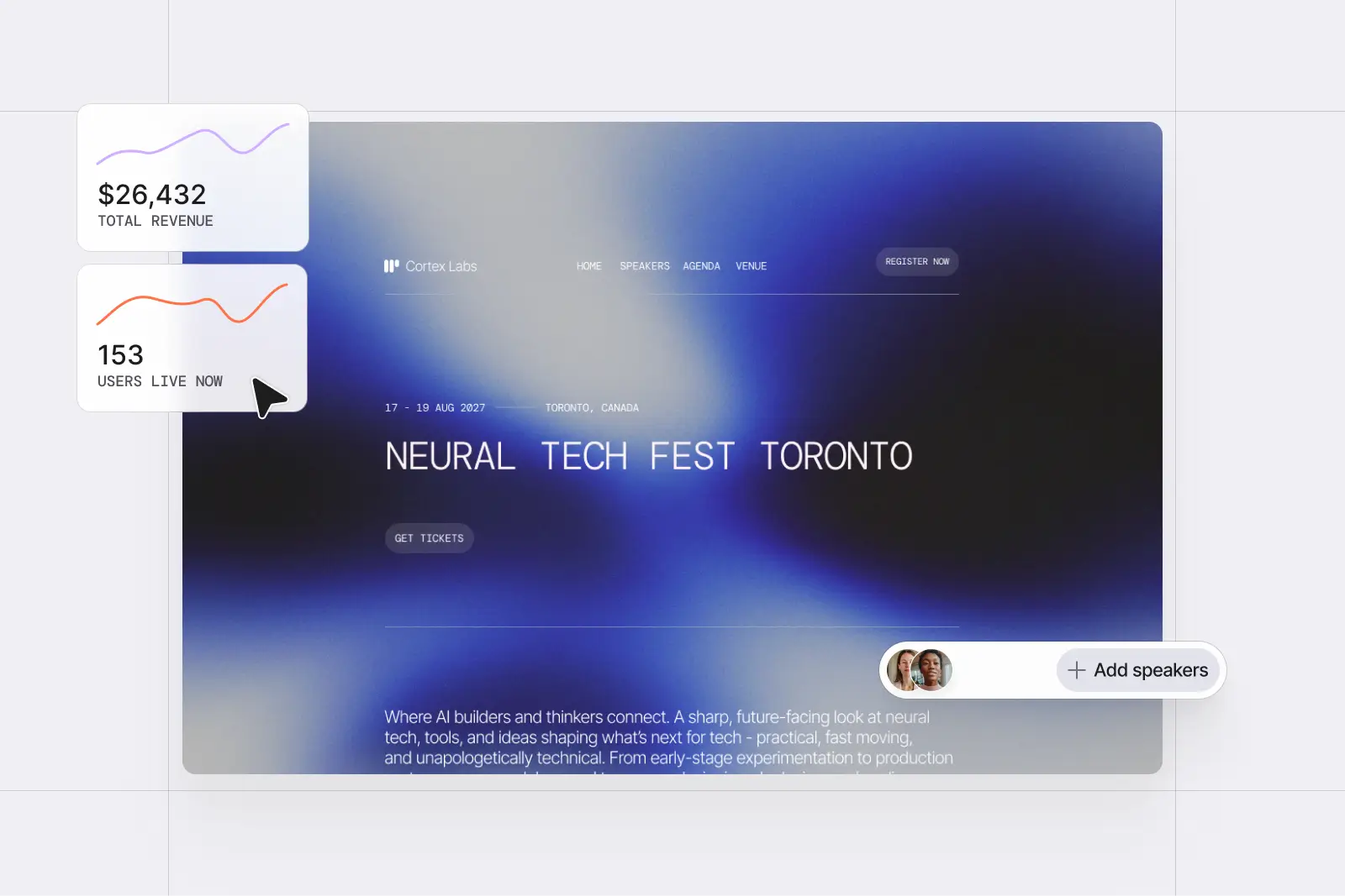 Event landing page with analytics dashboard, speaker management interface, attendees networking